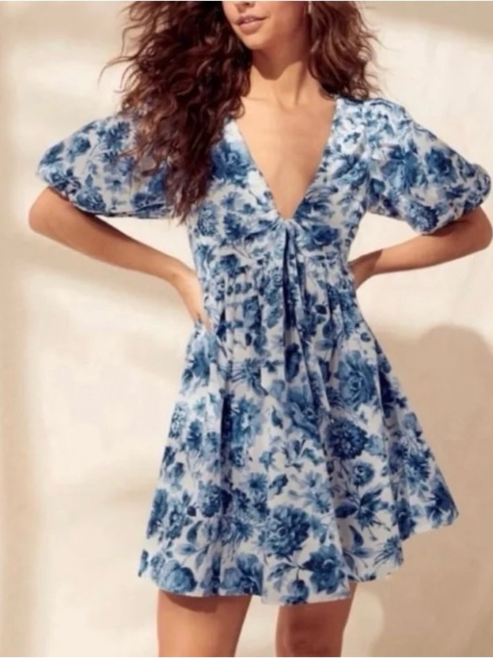 Abercrombie & Fitch Blue Floral Puff Sleeve Mini Dress Size ST (Small Tall)